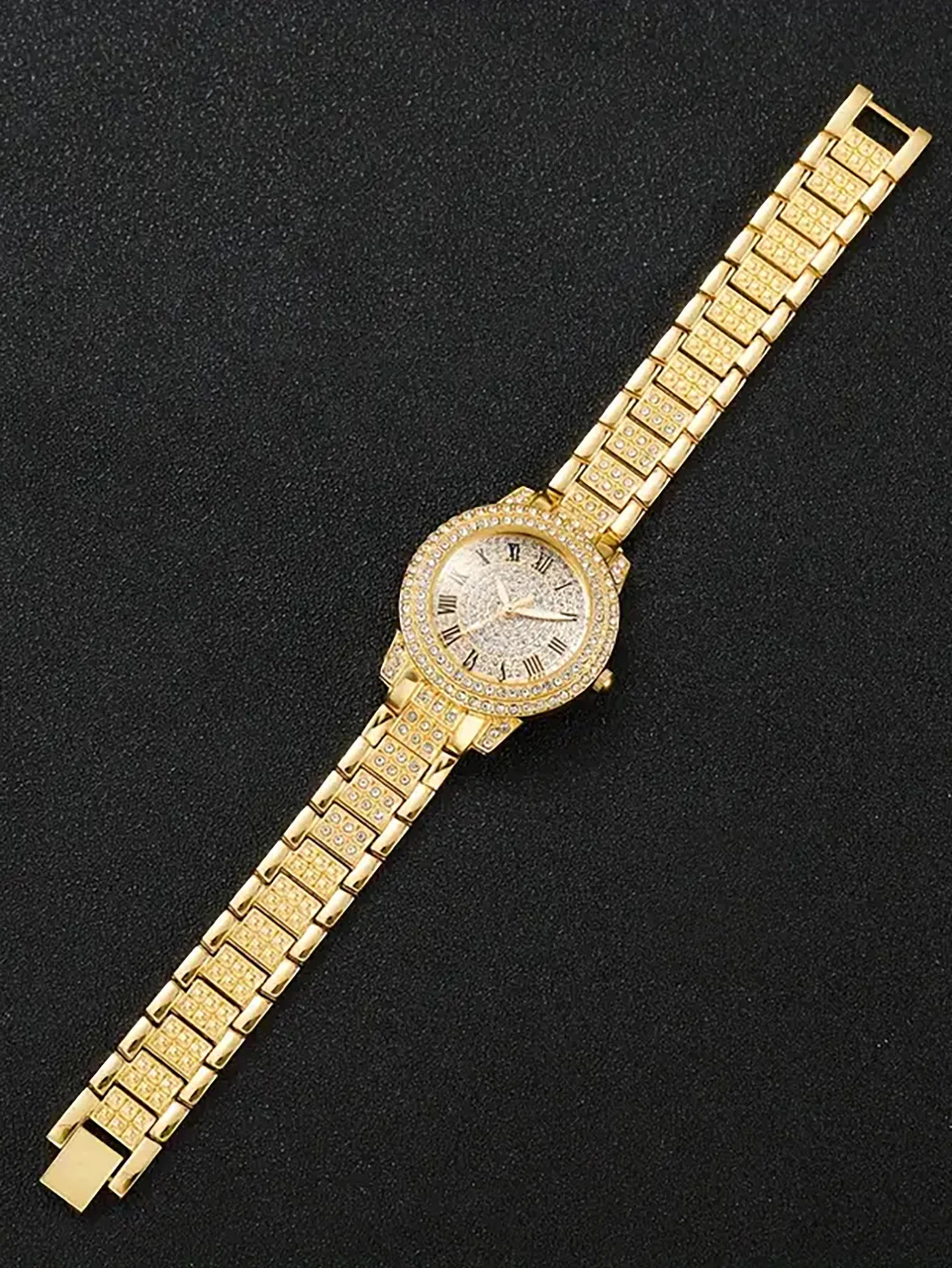 ゴールドとシルバーのステンレススチールフルダイヤモンドローマのファッショナブルなスチールバンドクォーツ時計とキューバブレスレットのセット - ギフトとして