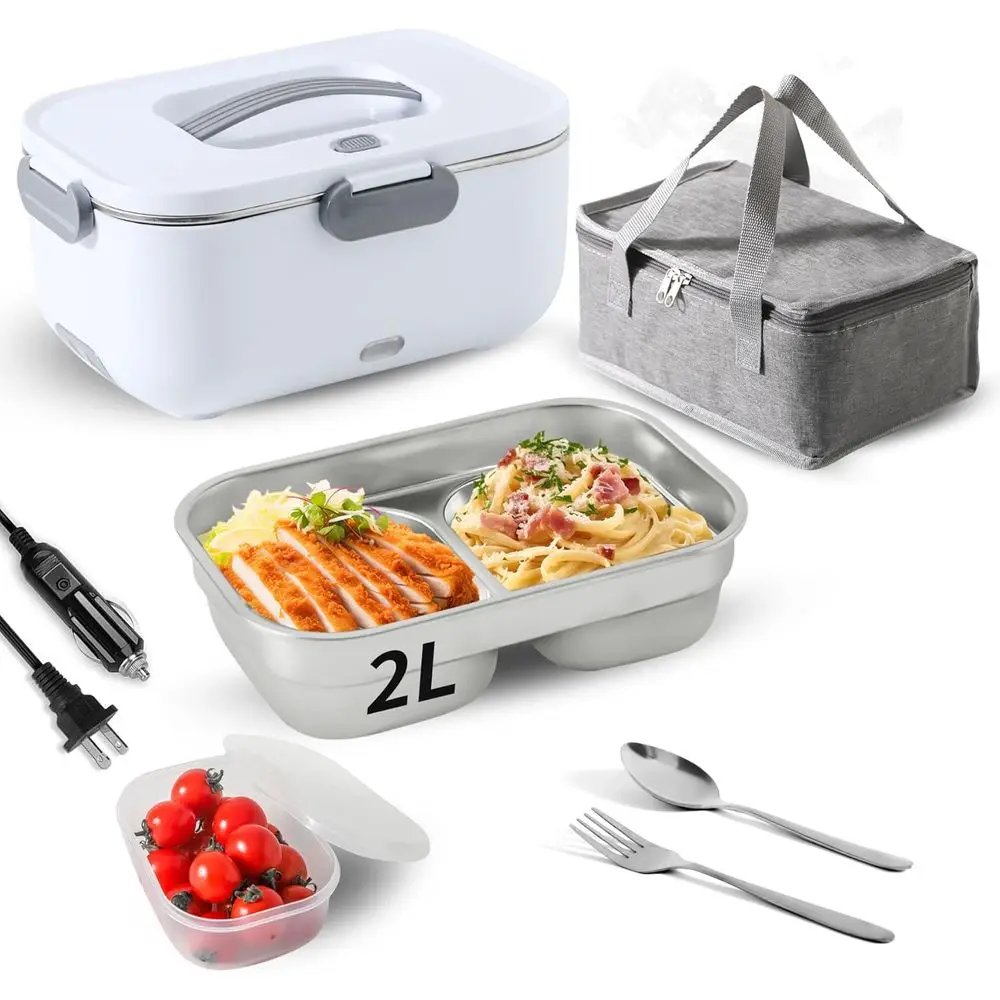 80W/2L Detachable Stainless Steel 12V/24V/110V Electric Lunch Box Portable Food Warmer (White Double Compartments)
