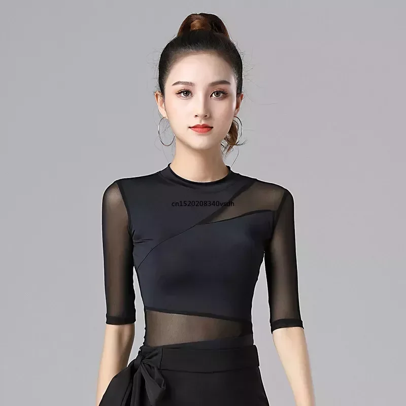 New Mesh Tops Latin Women Dance Practice Clothes Ballroom Dance Professional Modern Dance National Standard  Training Shirt