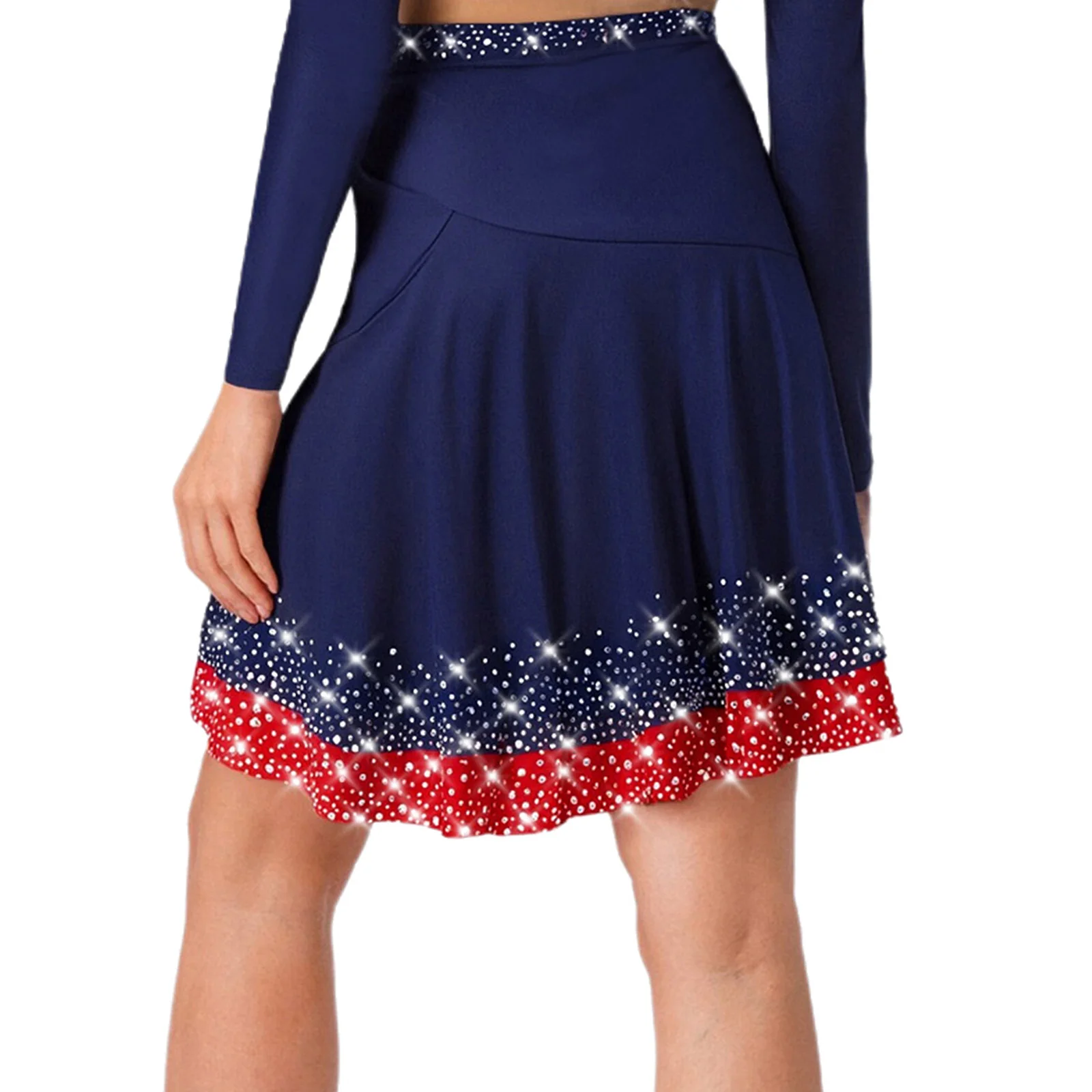 Jupe de danse Jazz latine pour femmes, strass scintillants, découpes latérales, volants contrastés de couleur pour spectacles de danse Salsa Chacha