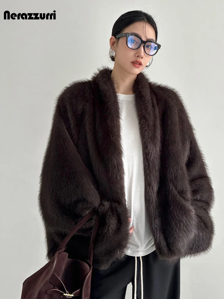 Nerazzurri Winter Loose Casual Hairy Soft Thick Warm Faux Sable Fur Coat Women V Neck Bat Sleeve Luxury Clothes Fluffy Jacket - view 4