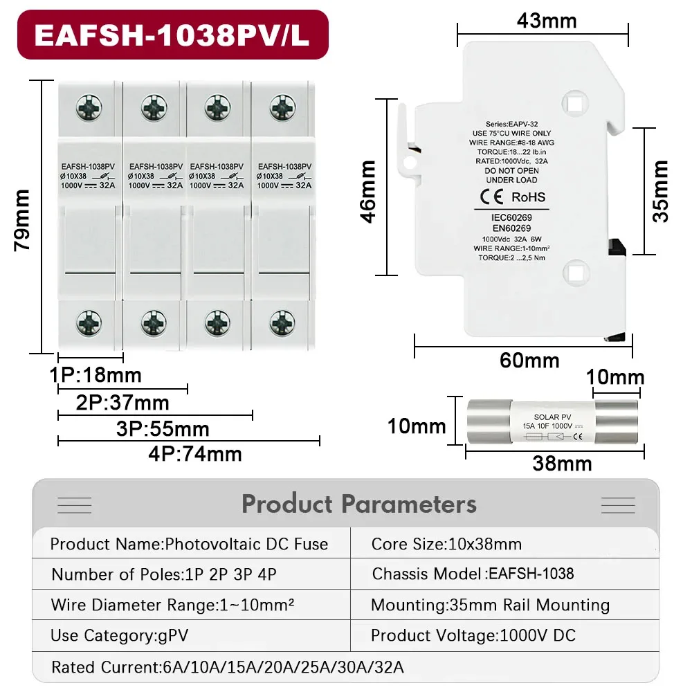 Din Rail Solar PV DC Fuse Holders with Indicator Light Suitable 10*38mm DC PV Fuse Link for Solar Photovoltaic System Pro