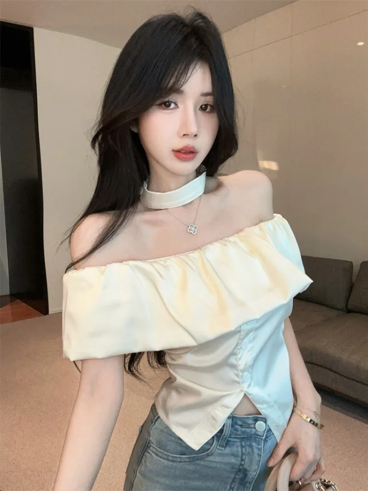 

Elegant White Off-Shoulder Long Sleeve Shirt Women's Summer Design Sensation Stand Collar Gown with Lace Trim And Slit