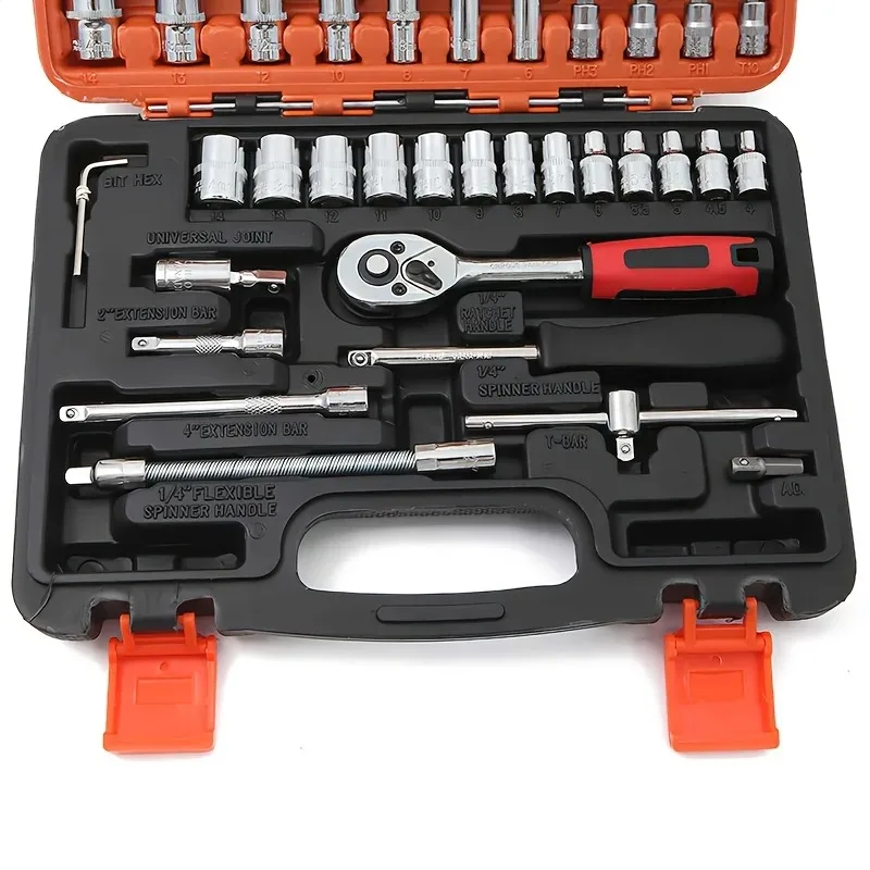 1/4 inch drive socket kit, mini ratchet wrench with storage compartment, socket kit with drill bit, suitable for auto repair