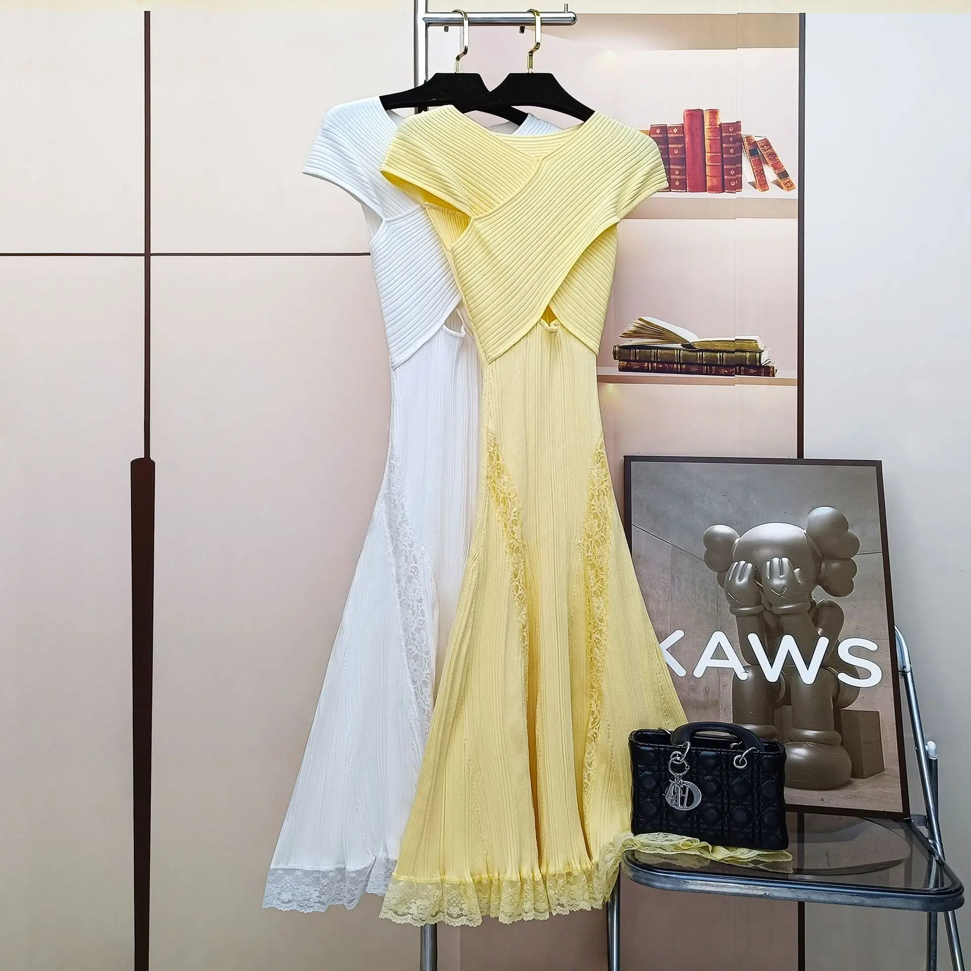 Moda verão rendas retalhos vestidos de tricô para mulheres blusas longas elegante recorte cruz sexy vestido de festa de baile feminino robe