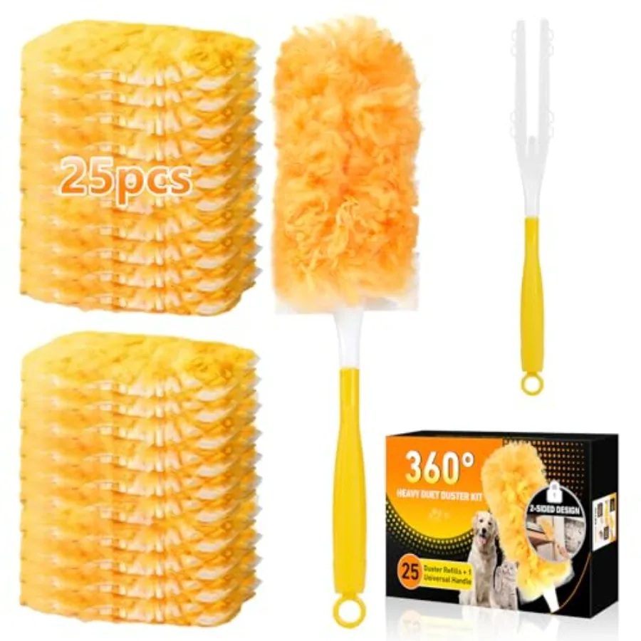 360° Duster Refills Kit for Swiffer Duster, 25 Pack and 1 Handle, Multi-Surface Dusters with 4X Cleaning Power. Efficient Duste