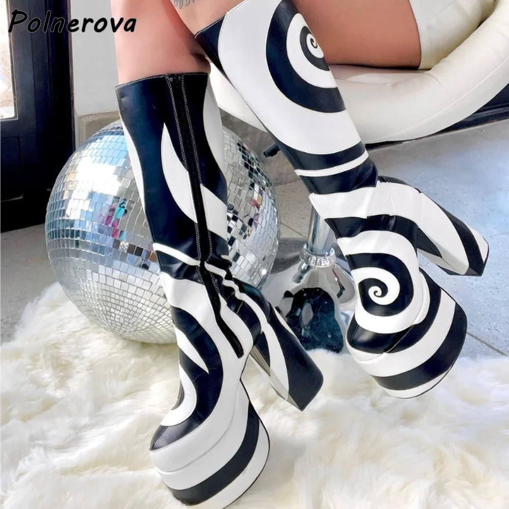 أسود أبيض دوامة أحذية طويلة منصة حذاء بكعب سميك عبر تعادل المرقعة حذاء برقبة للركبة 2025 شتاء دافئ مثير أحذية أنيقة #2