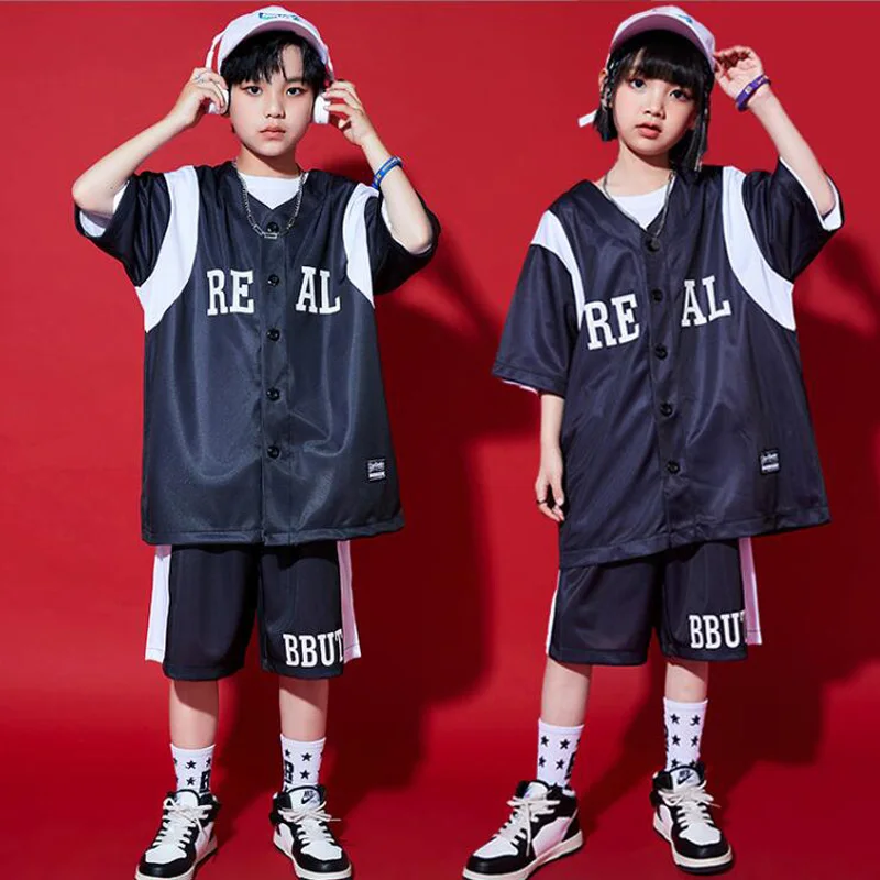 Kids kpop Hip Hop Navy Blue Baseball Cardigan Shirt Tops Casual Shorts for Girls Boys Jazz Dance Costume Set Outfits Clothes