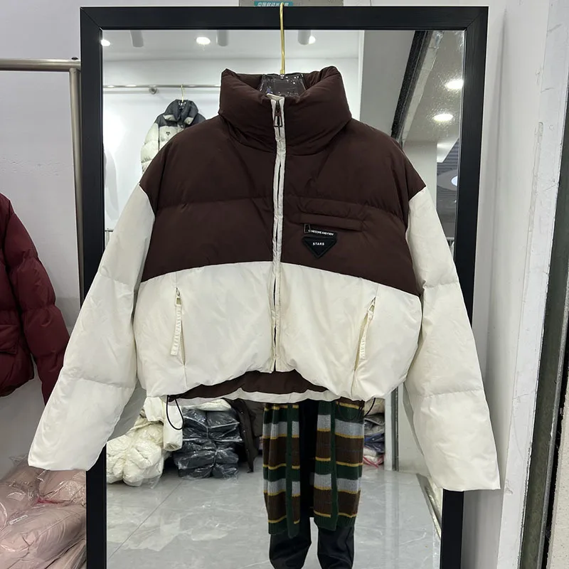 Imagem -03 - Jaqueta Curta de Cor de Contraste Feminina Cabolsa Grosso Solto Gola Alta Pato Branco para Baixo Parkas Femininas Sobretudo Inverno Novo 2023