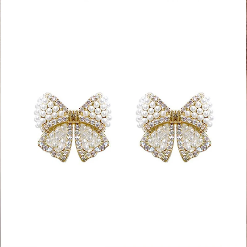 New French Fashion Pearl Bow Earrings for Women Temperament Light Luxury Senior Sense Earring Party Jewelry Gifts Wholesale