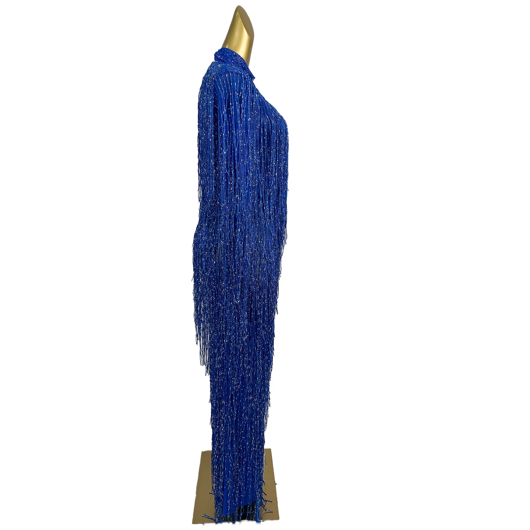 Shizi Elegant Women Dress Sparkling Blue Tassel High Elasticity Dress Stage Performance Costume Birthday Cocktail Prom Gowns
