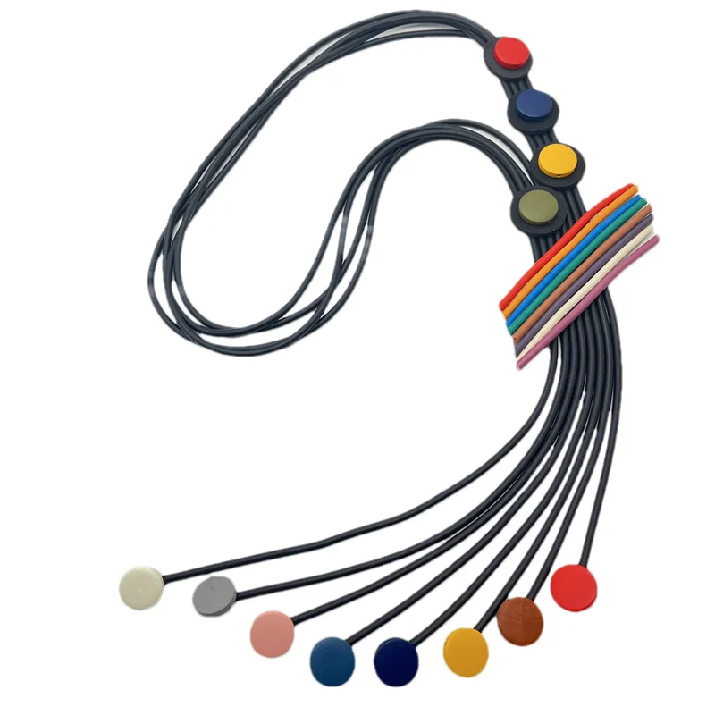 New Bohemian Style Handmade Colorful Disc Wood Accessories Design Black Rubber Chain Retro Ethnic Style Jewelry Long Necklace