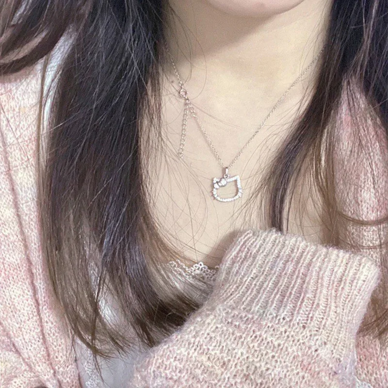 Hello Kitty Necklaces Kawaii  Anime Sanrio Crystal Pendant Ladies Girl Simple White Zircon Elegant Necklace Women Jewelry Gift