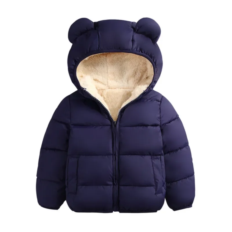 Kids Solid Color Coat, Zipper Open Front Hooded Cotton-padded Jacket for Boys and Girls, Black/ Dark Blue/ Royal Blue/ Red