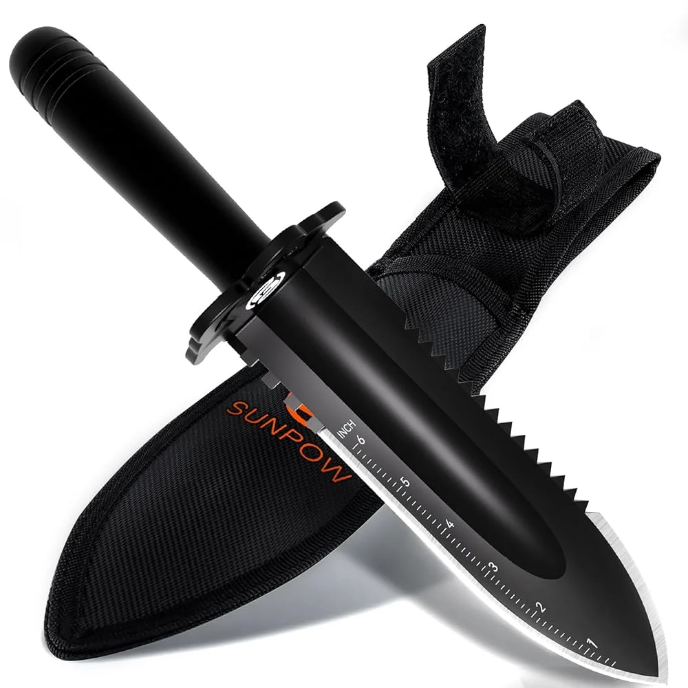 SUNPOW Heavy Duty Manganese Steel Garden Trowel, Hand Shovel with Measurement Scale & Double Serrated Edge, Portable Digging Trowel with Carry Bag for Planting, Weeding, Transplanting, Camping, Backyard Outdoor Gardening