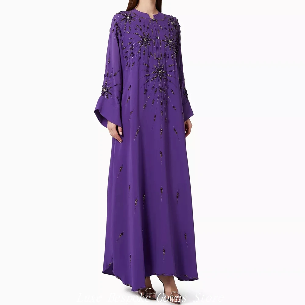 

Women's Formal Evening Gowns A-line Ankle-length O-neck Full Sleeve Prom Dresses Fashion Beading Flowers Draped Customized Gowns