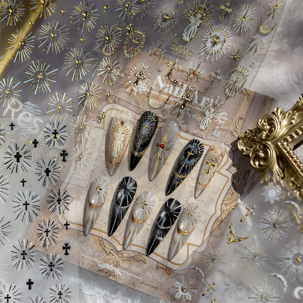 5D الإلهي الذهب الأبيض الصليب ملصقات الأظافر الإبداعية الفرنسية ملصقات الأظافر الصليب مانيكير الشارات الضوء المقدس عبر مسمار الفن لوازم