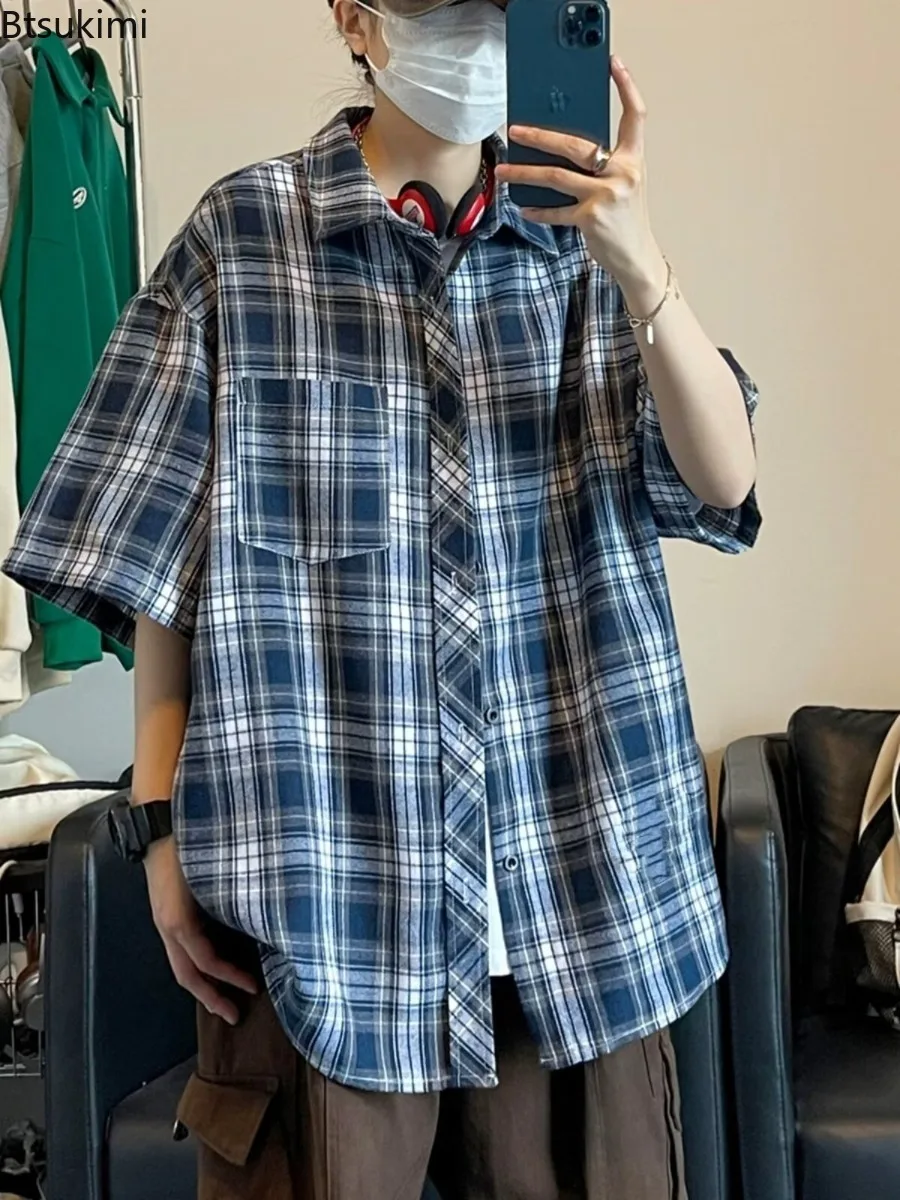 New Summer Cargo Shirts Men's Casual Short Sleeve Shirt Trend All-match Men Clothing Youth Teen Japanese Style Plaid Shirt Coats