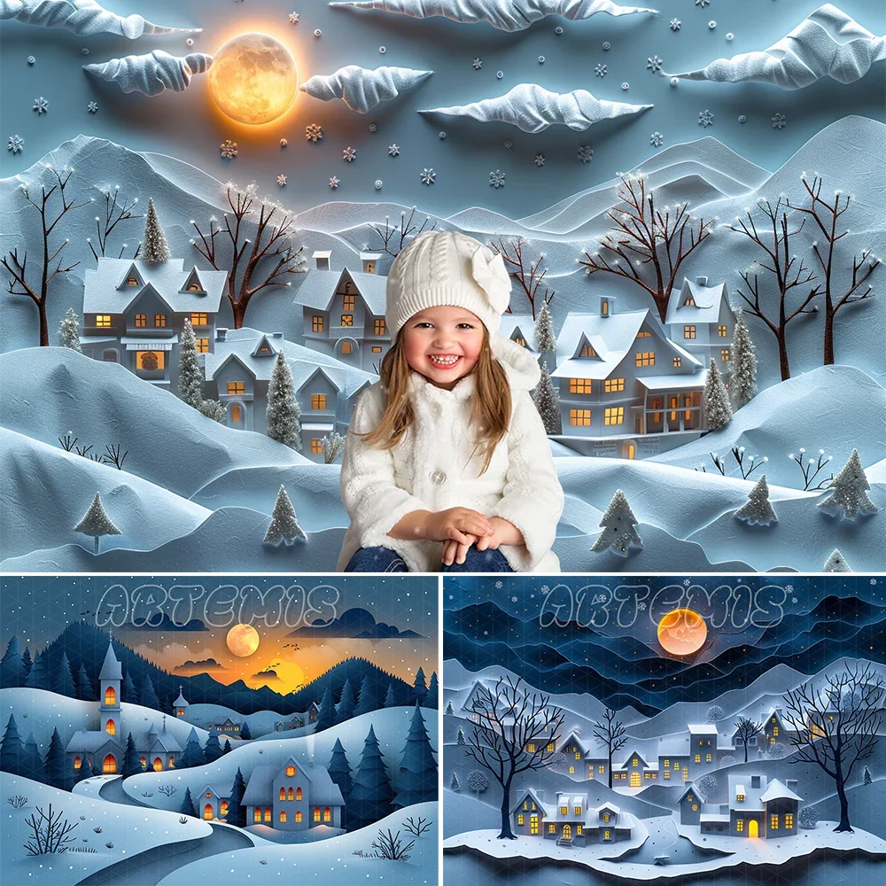 Christmas Backdrop Paper Cutout Scenery Winter Sky Moonlight Shining Town Snow Tree Branch Background Photo Studio Photo-call