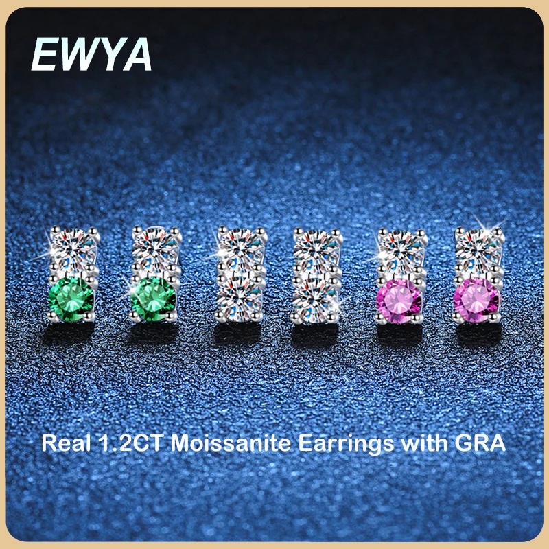 

EWYA New In 1.2CT 2 Stone Colored Moissanite Stud Earrings For Women Party Fine Jewelry S925 Sterling Silver Diamond Earring