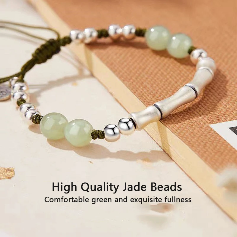 HESHI 999 Silver Bamboo Nodes Jade Beads Handmade Weaving Bracelet Adjustable Opening Men Women Blessing