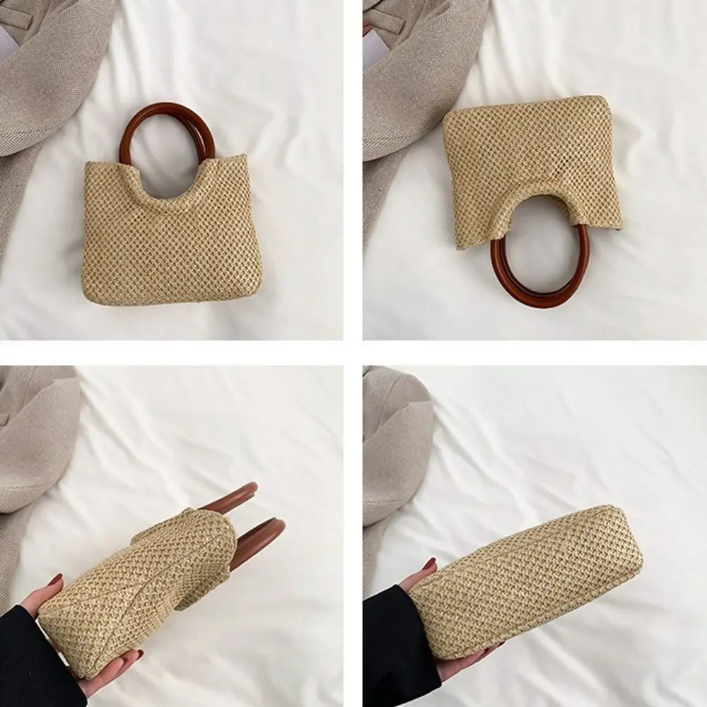 Bolsa coreana de trama simples para mulheres, grande capacidade, couro PU, boêmia, bolsa de praia, palha, bolsa de ombro, feriado