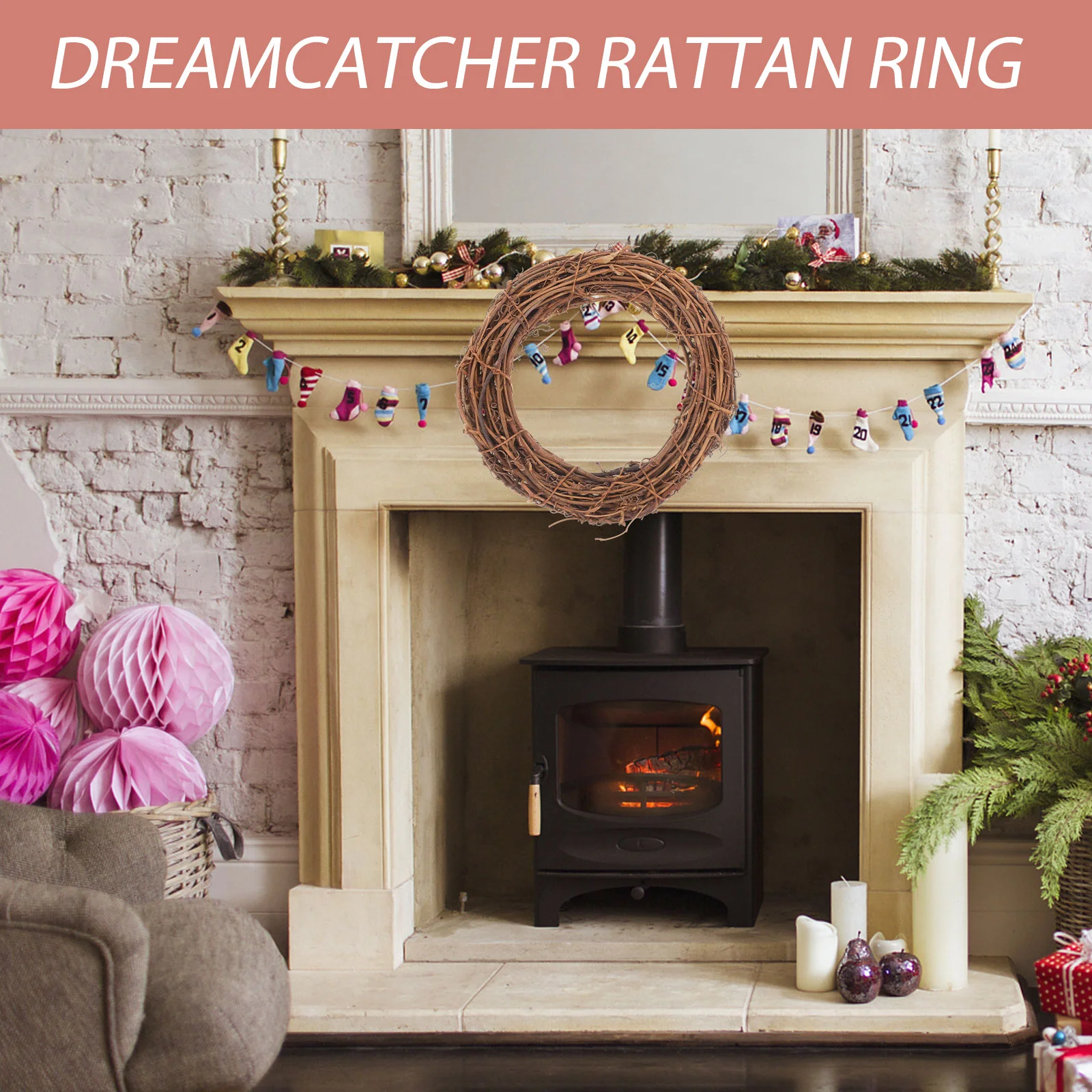 Festive Rattan Garland Round Rugs Carpet DIY Hanging Wreath Outdoor Christmas Lights for House