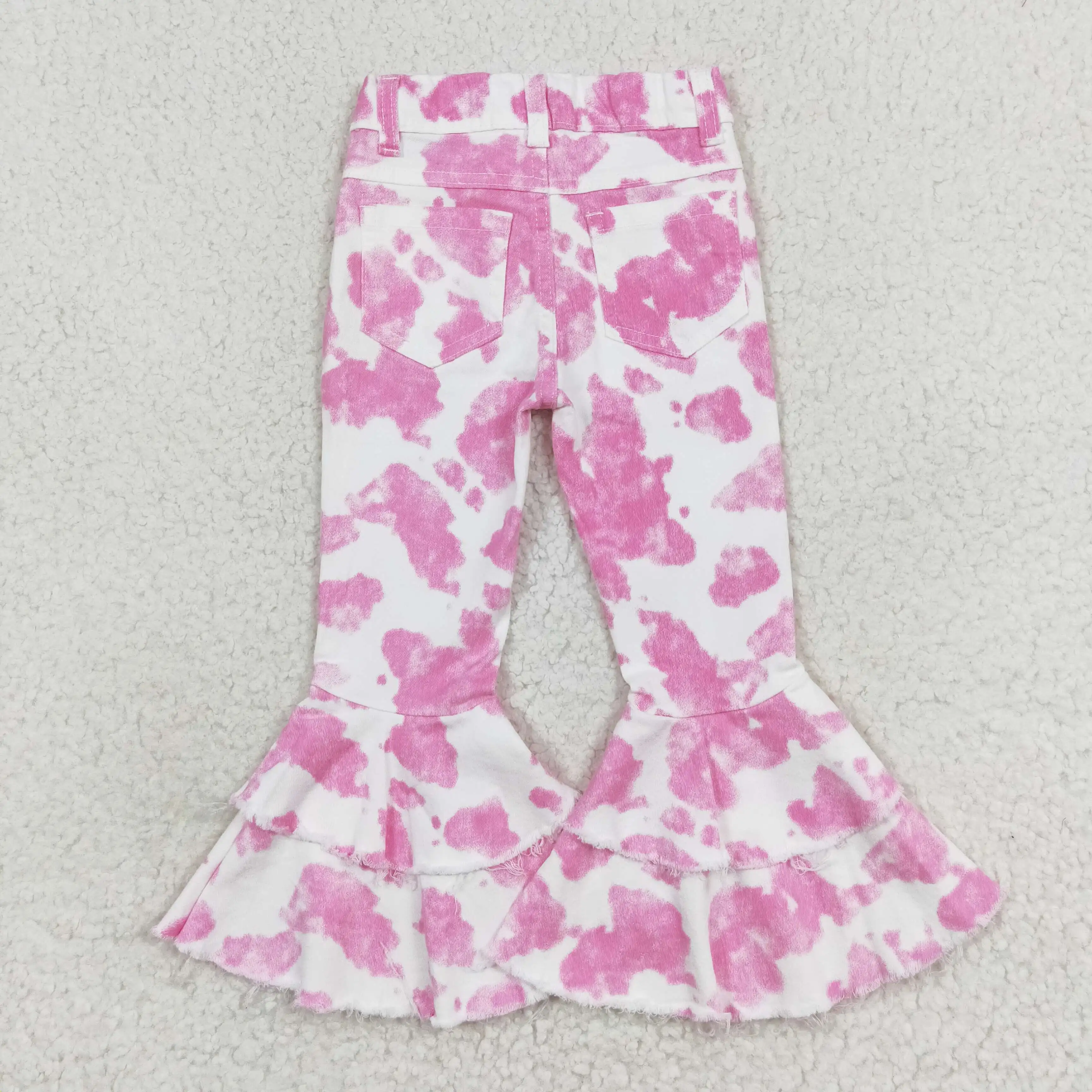 Wholesale Baby Girls Denim Western Pink White Cow Print Bell Bottom Kids Children Toddler Flared Pants Double Lace Pocket Jeans