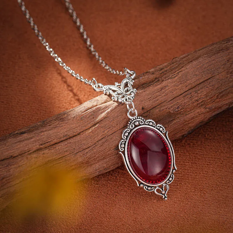 Gothic Blut Rot Quarz Charm Halskette Oval Anhänger Halskette Für Frauen Halloween Vampir Geprägte Hexe Schmuck Vintage Colliers