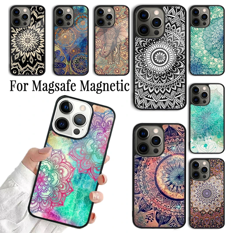 Coque Phone Case For iPhone 16 15 14 13 12 Mini 11 Pro Max Plus Magsafe Magnetic Wireless Charging Cover Indian Pattern Mandala