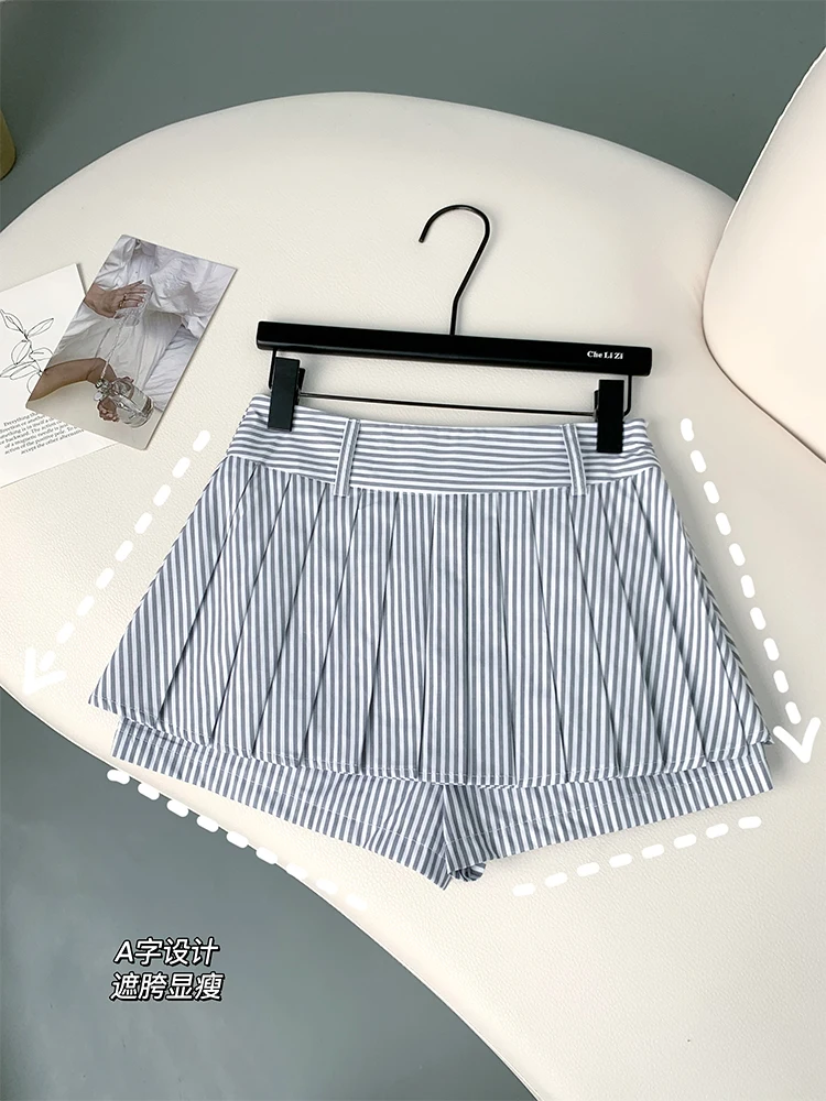 Woman Slim Outfits 2 Piece Set Striped Mini Skirt Set Asymmetrical Fashion Pleated Skirt All-match Shirts Gyaru Crop Top 90s Kpo