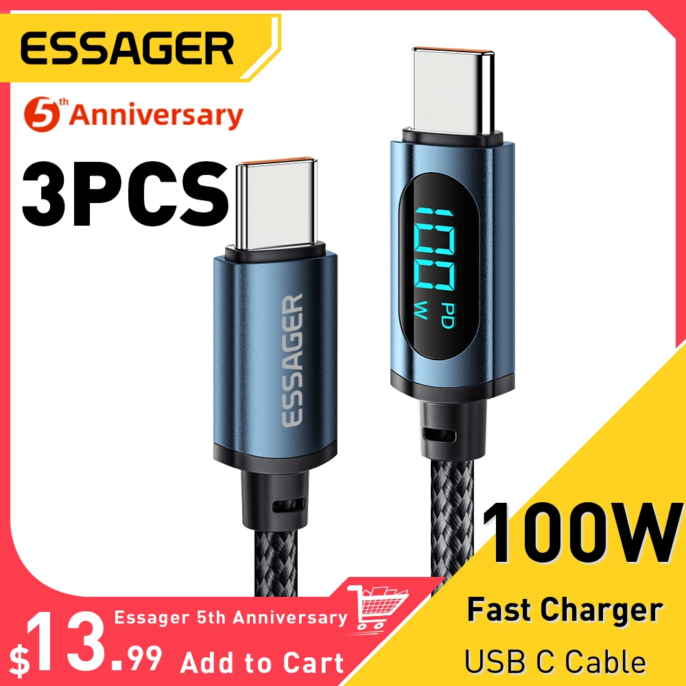 

Essager 3PCS PD 100W USB Type C To USB C Cable Display 5A Fast Charging USB C Data Cord For Huawei Samsung Poco F3 Laptop iPad