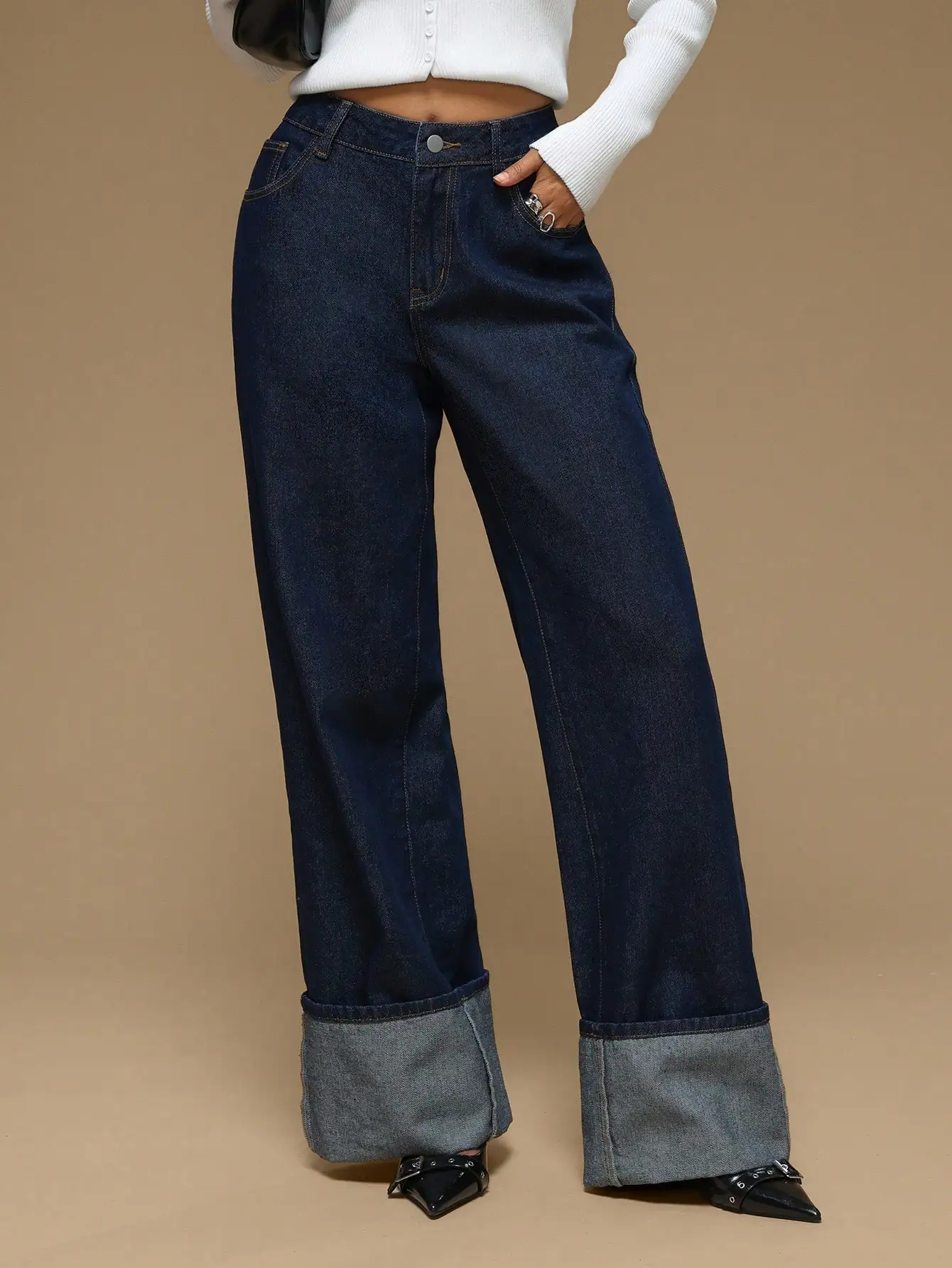 

Женские джинсы с высокой талией, широкими штанинами и подвернутым низом, винтажный синий цвет, повседневные брюки в уличном стиле