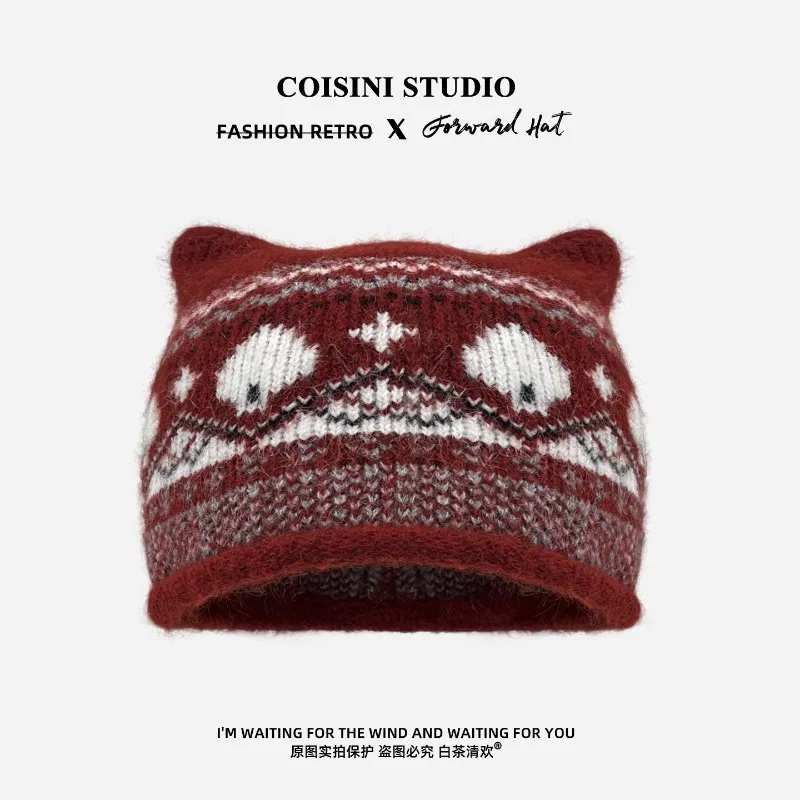 Neue Strickmütze im Fair Isle-Stil mit Katzenohren für Herren und Damen, warm und niedlich, mit Ohrenschutz, ideal für Herbst und Winter. – Detail 3