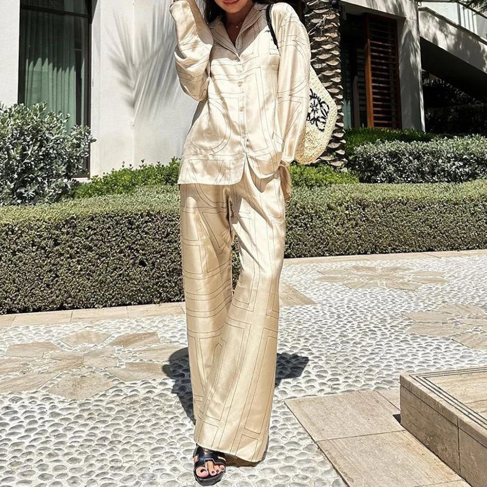 

Autumn European And American New Women Fashion Street Style Satin Long Sleeved Shirt Wide Leg Pants Casual Loose Suit