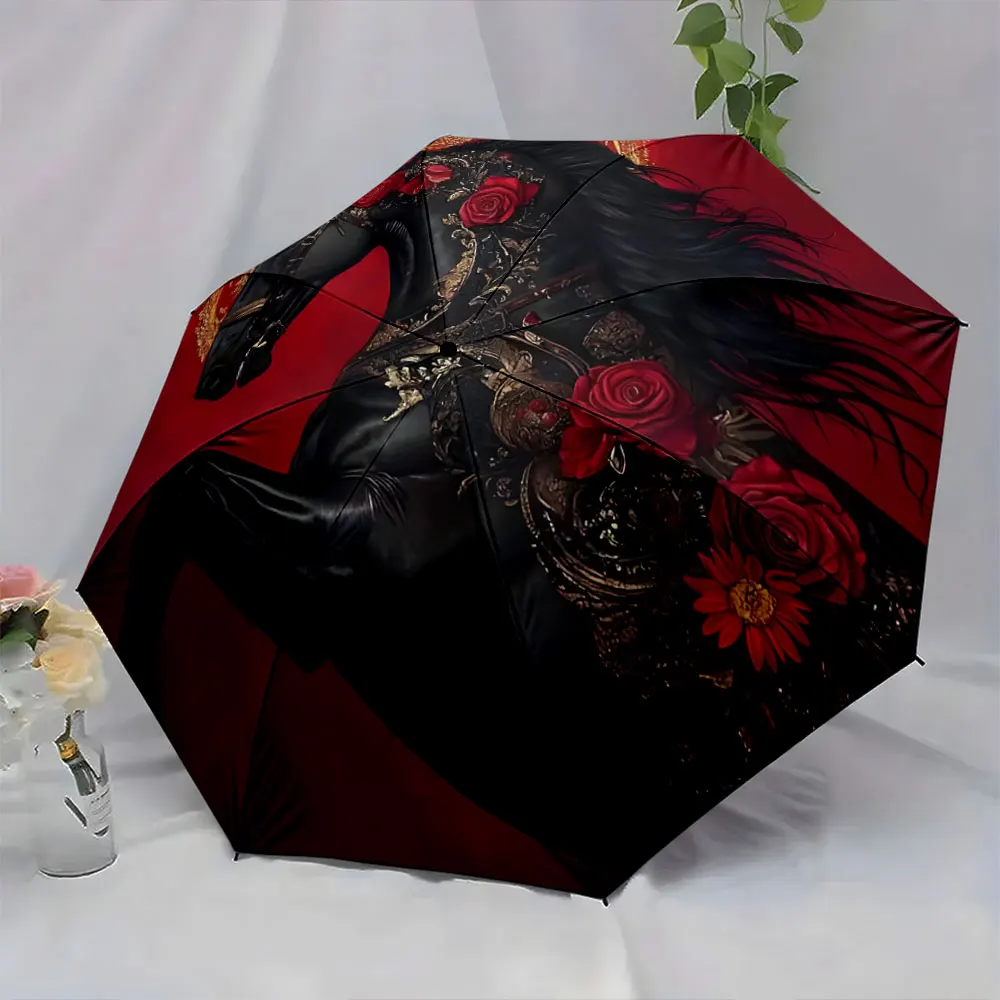 1PC Majestic Horse-Themed Umbrella Design with Elegant Details Print 8 Iron Ribs Folding Umbrella Auto-Open Fashion Sunshade