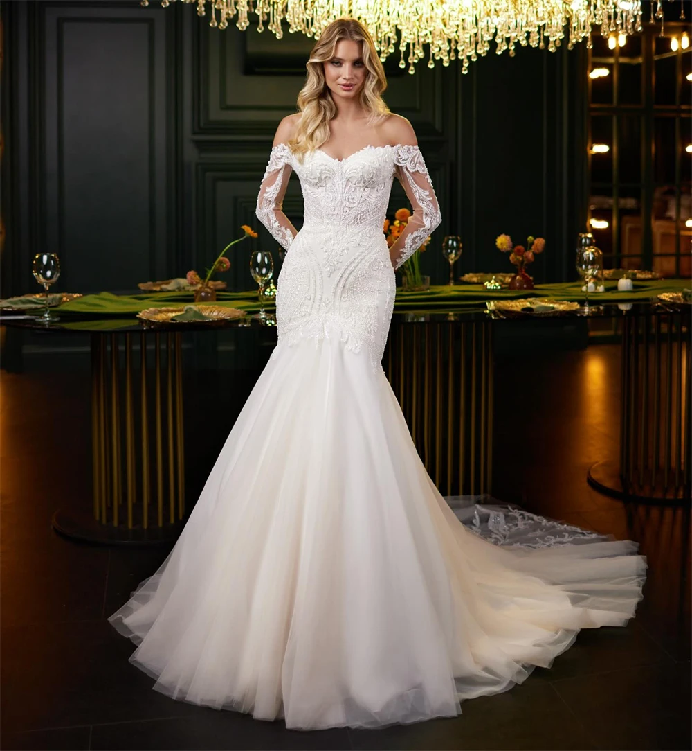 

Customized Sexy White Organza Wedding Dress Formal Sweetheart Long Sleeves Bridal Gown Soft Mermaid Court Train Vestido De Novia