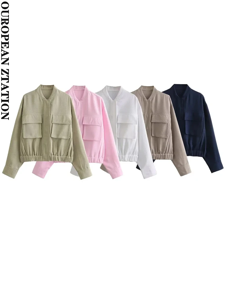 

PAILETE Women 2023 fashion with pockets linen bomber jacket coat vintage long sleeve snap-button female outerwear chic tops