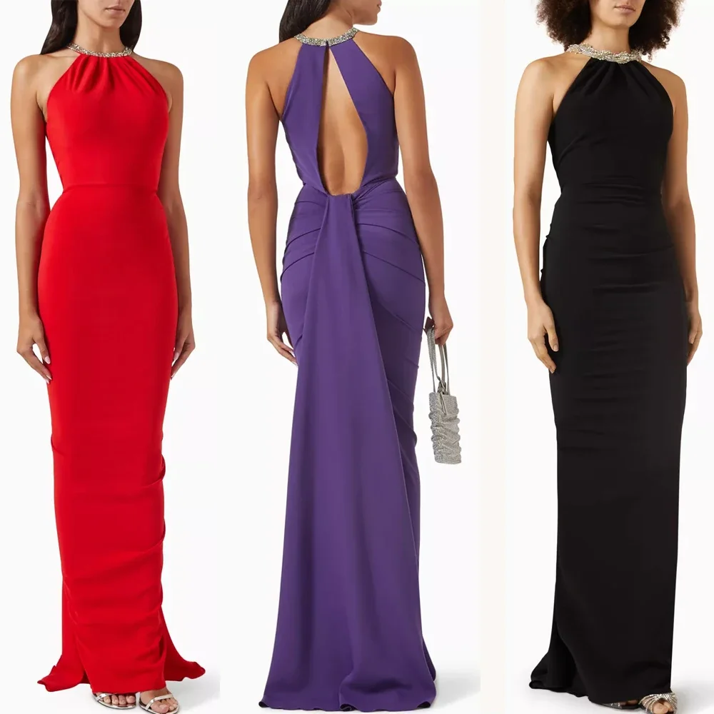 

Customized Halterneck Dress in Stretch Crepe A-Line Evening Dresses Formal Sleeveless Exquisite High Quality Prom Party Gowns