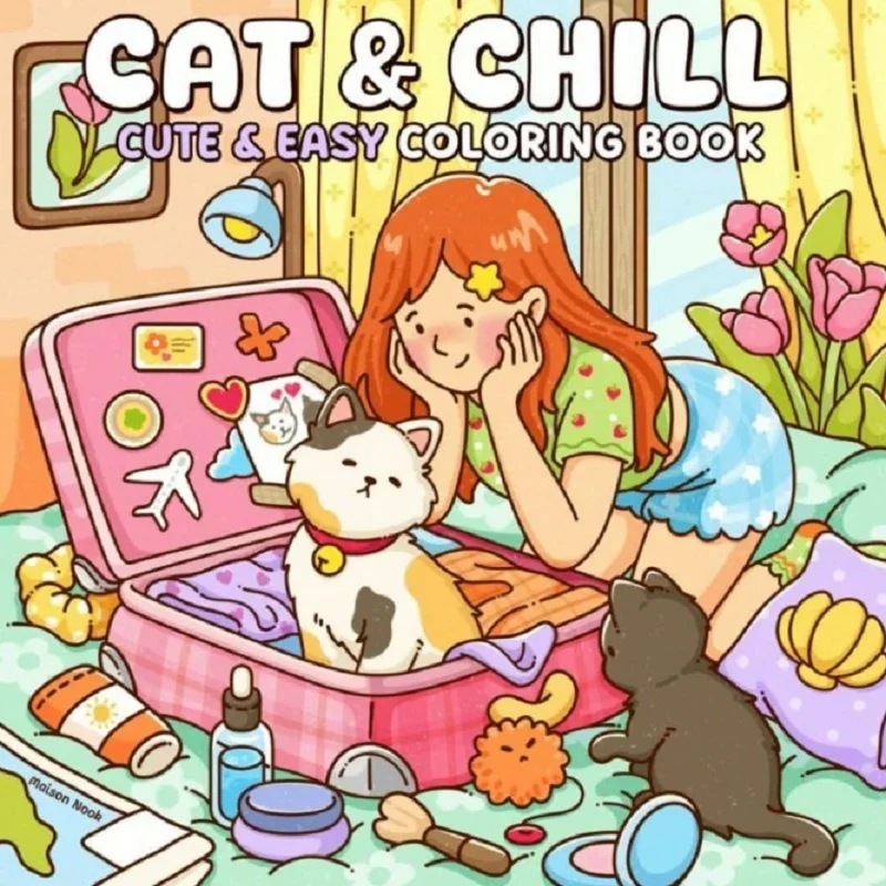 Cat & Girl Cute Easy Coloring Book For Adults Stress Relief Drawing Perfect Gift Party and Birthday Christmas