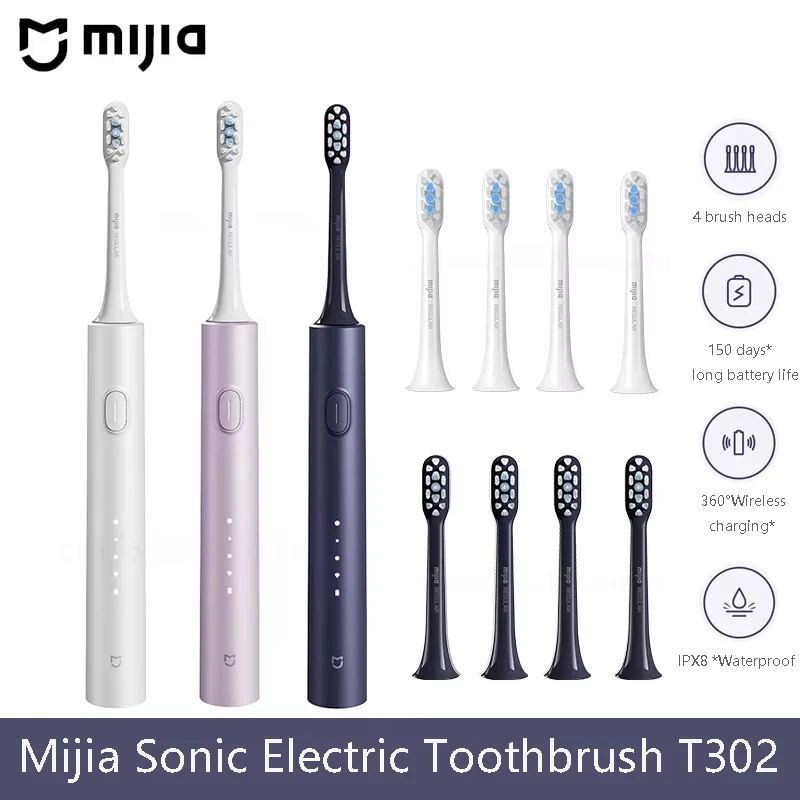 แปรงสีฟันไฟฟ้า Mijia Sonic T302 3 สี 4 หัวแปรง IPX8 กันน้ํา 360 °   การชาร์จแบบไร้สาย 4 โหมดการทําความสะอาดฟัน