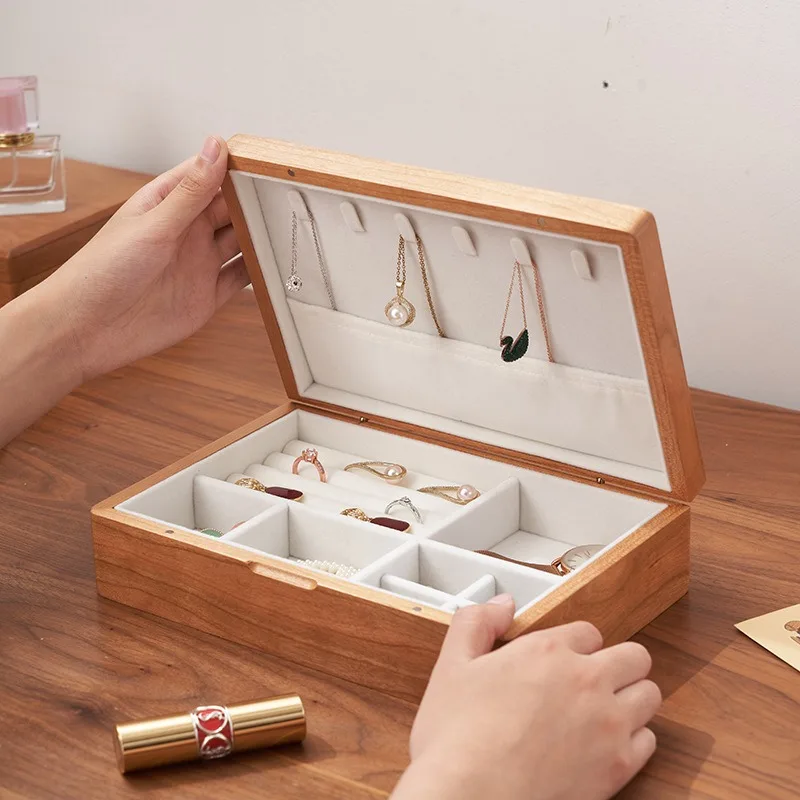 

Cherry Wood Jewelry Box Retro Ring Earrings Storage Boxes Luxury Necklaces Bracelet Display Case Woman Organizer Jewellery Gift