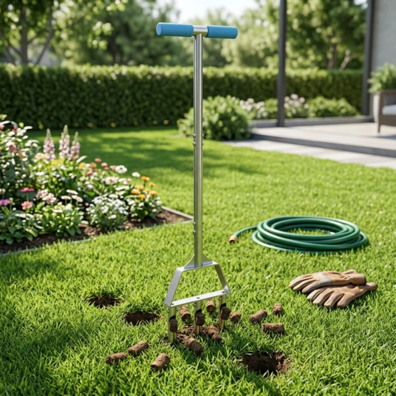 Lawn Aerator with 3 Hollow Tines Rust-Resistant Manual Lawn Aerator Soil Core Sampler with T-Handle Sturdy Tool Cushioned Grips