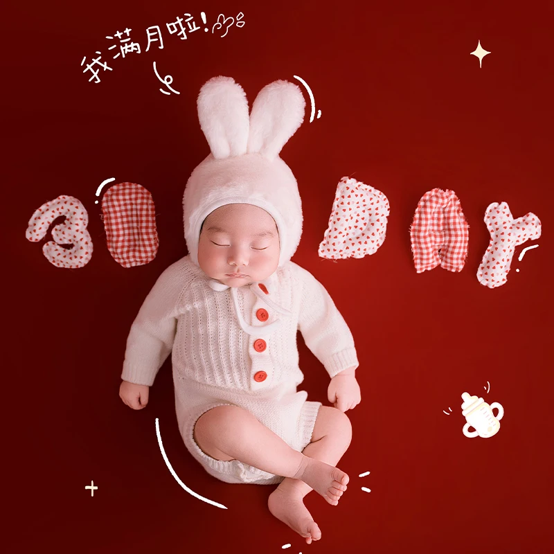 

Реквизит для фотосъемки новорожденных на тему полнолуния, детский вязаный комбинезон, наряд с шапкой кролика, плюшевые куклы-медведики, для фотосессии, детского душа