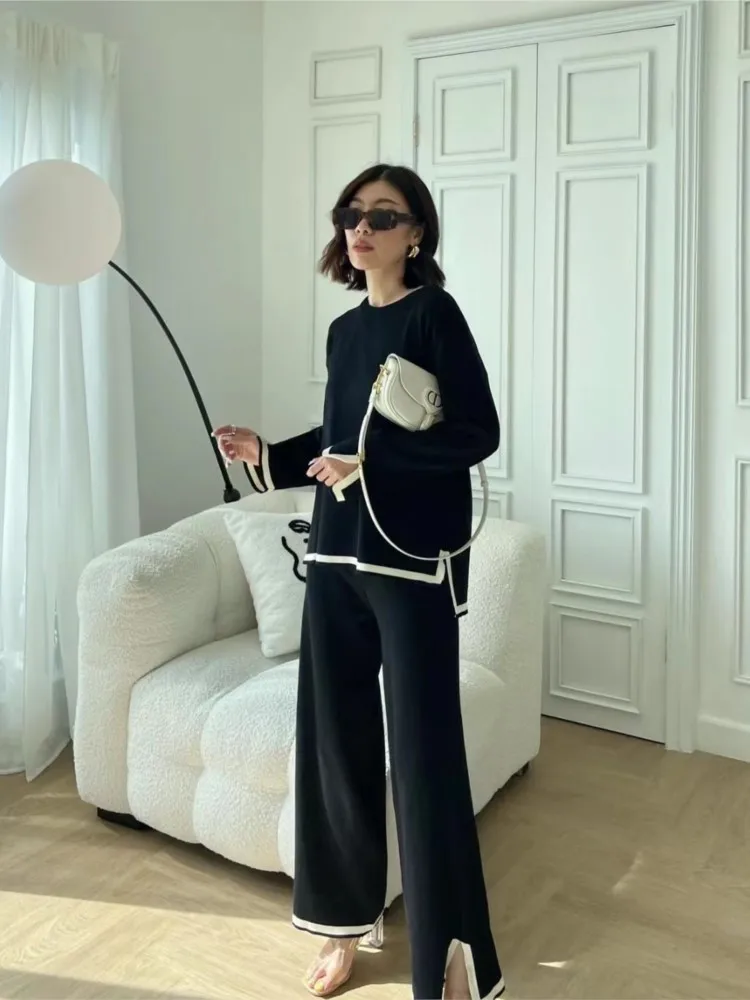 

Autumn Winter Women's Knitted 2 Pieces Set Casual Split Pullover Sweater Top Knitted Pant 2PCS Suits Female Warm Set Outfit 2025