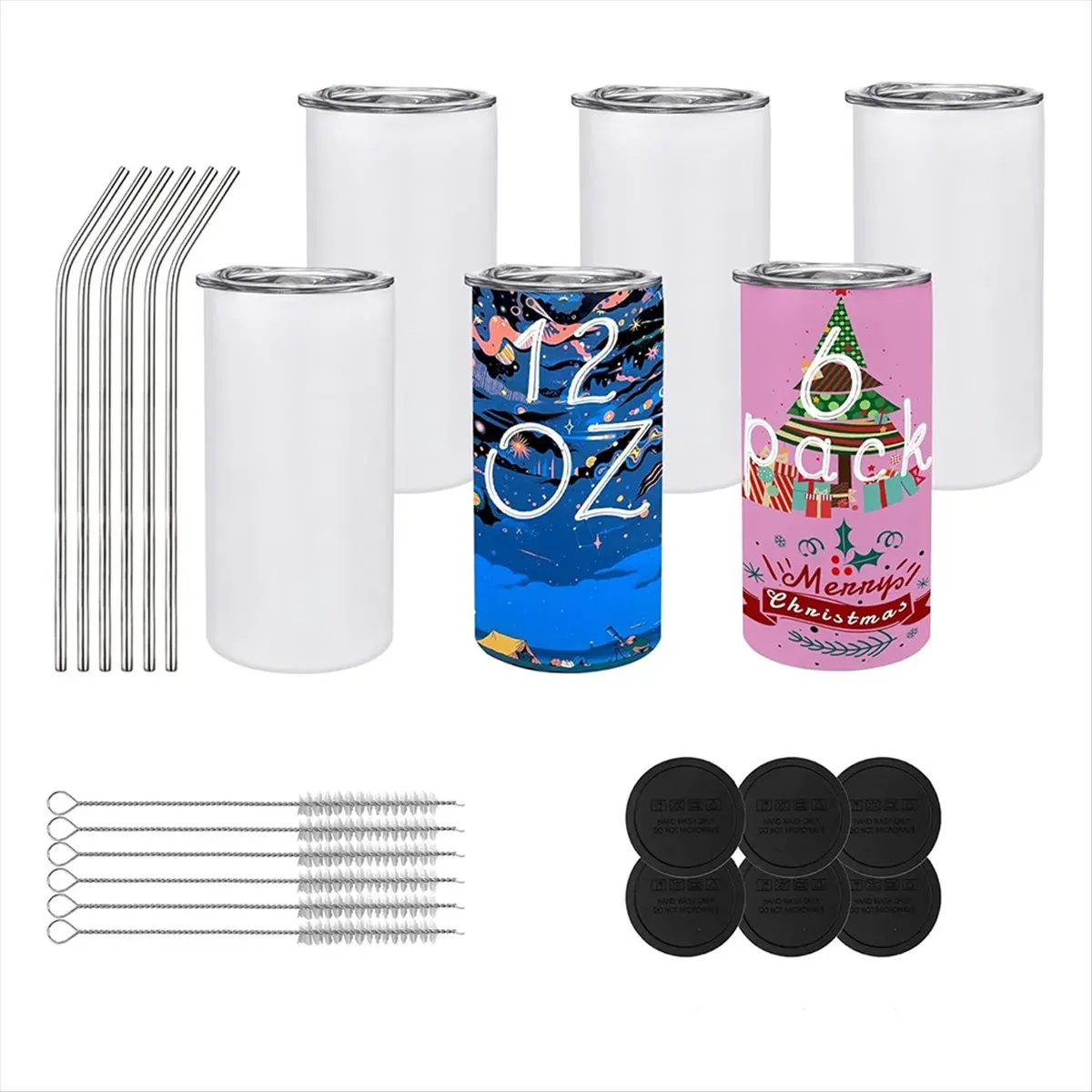 REST Pack of 6 12 Oz Sublimated Tumblers Blank, Insulated Stainless Steel Water Bottles with Lids and Straws for DIY
