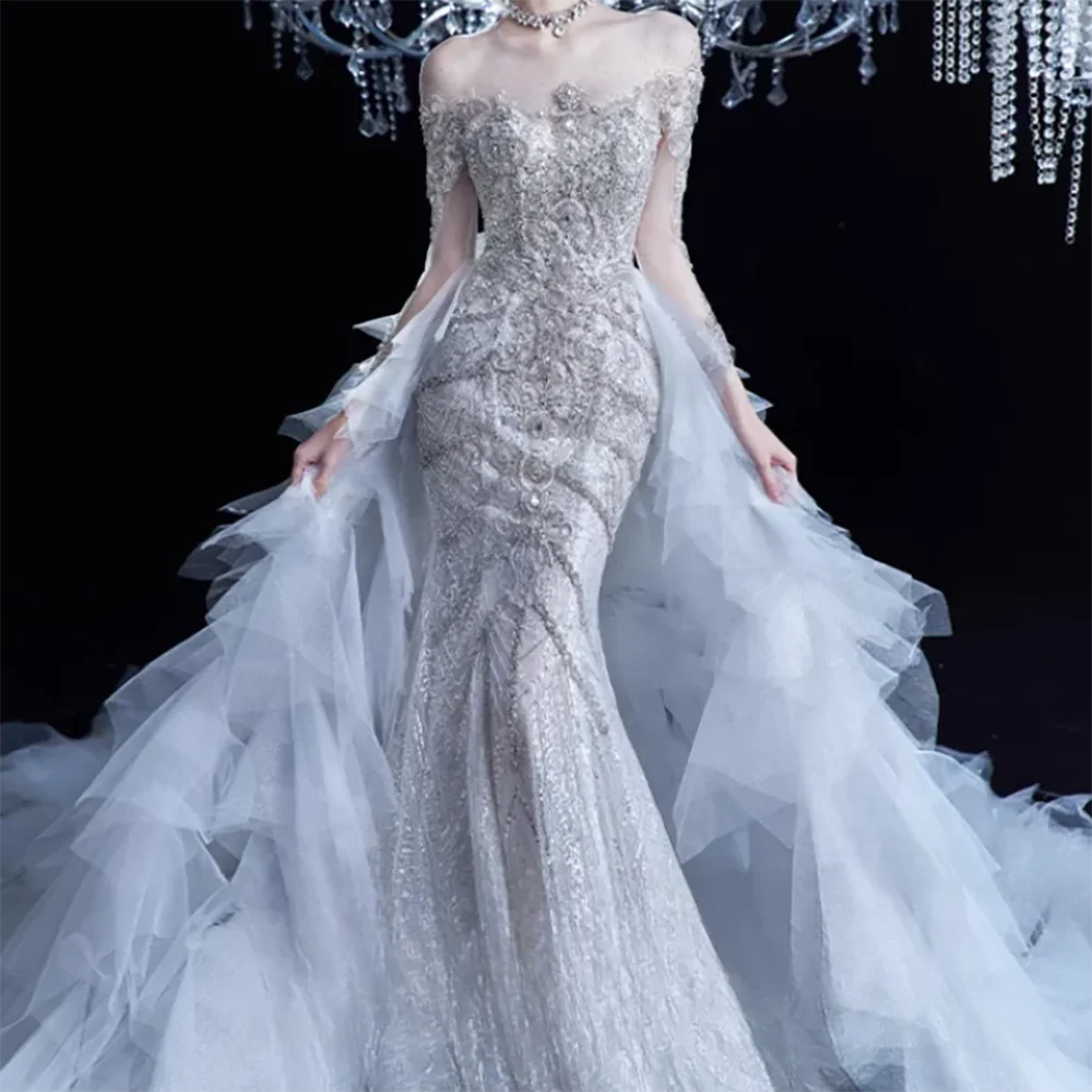 

Elegant Off Shoulder Appliquins Beading Feather Mermaid Formal Evening Dresses Birthday Party Prom Gowns Customized