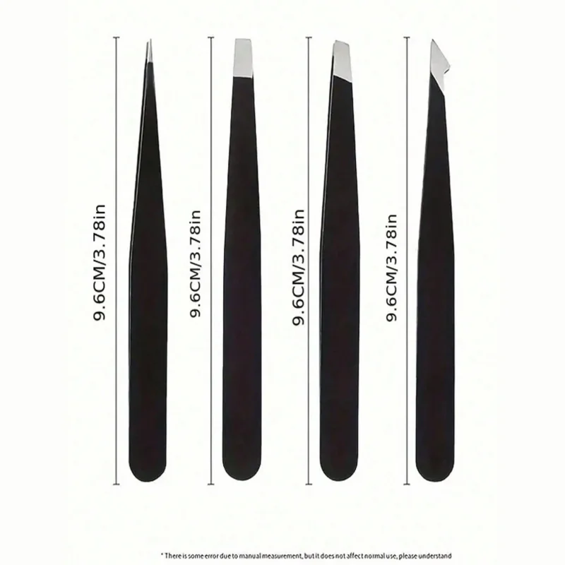 4피스 전문가용 핀셋 세트 눈썹 제거, 수염 제거, 스테인리스 스틸 각진 핀셋 도구 제모 도구