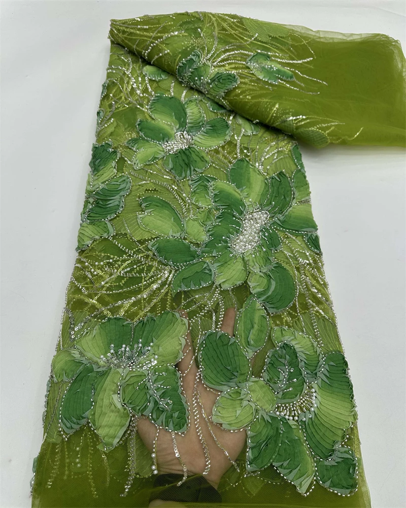 African Handmade Beaded Tulle Lace Fabric French Style Net with Sequins And Pearls for Bridal Party Dresses