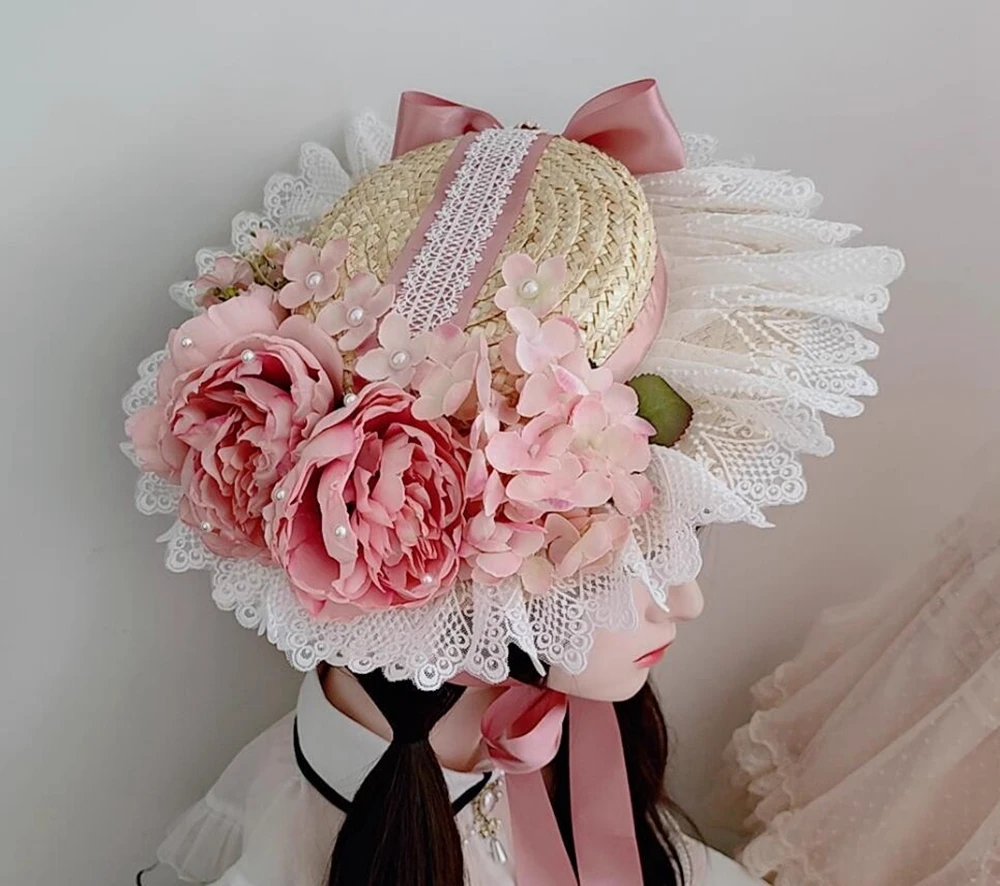 

Lolita Straw Hat Women Vintage Style French Pastoral Flower Sunshade Girly Lolitas Cap Bonnet Hats